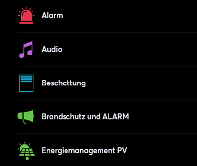 Musterhaus: App mit Steuerelementen Alarm, Aquarium, Audio, Beleuchtung, Beschattung