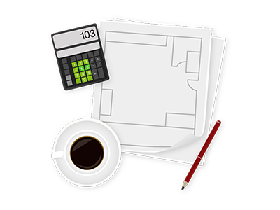 Piktogramm: Planungsbogen mit Tasse Kaffee und Taschrechner daneben